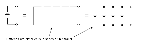 Diagrama esquemático de baterías en paralelo y serie.
