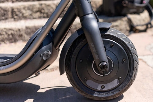 Close up of large pneumatic electric scooter tires