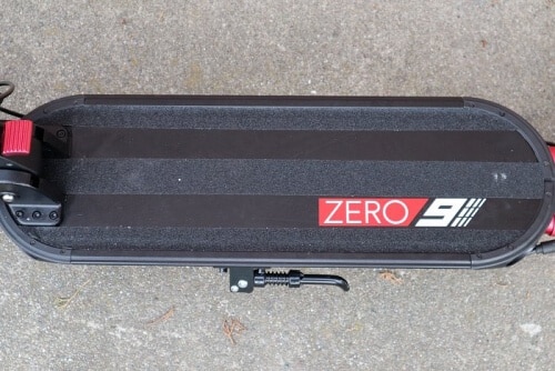 Top down view of electric scooter deck showing Zero 9 logo