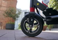 Close up of Zero 8 electric scooter front wheel and tire