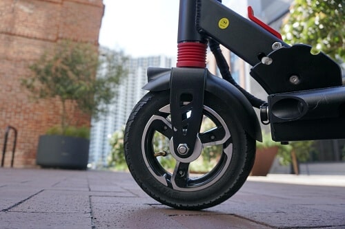 Close up of Zero 8 electric scooter front wheel and tire