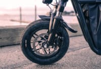 Fiido Q1S Seated Scooter - front tire, brake, and suspension, close-up