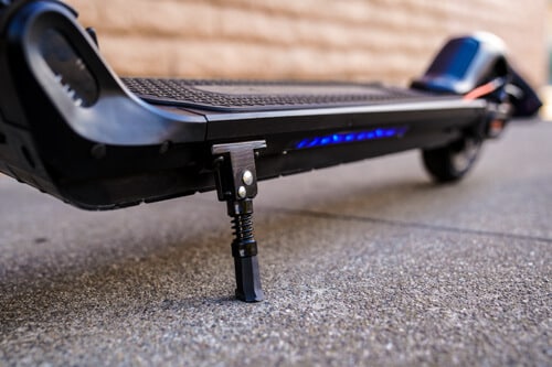 Hhiboy Max V2 electric scooter deck lighting (blue) and kickstand, low angle shot