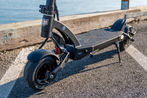 Kaabo Mantis 8 electric scooter - low angle, fork, deck, kickstand, and tires 