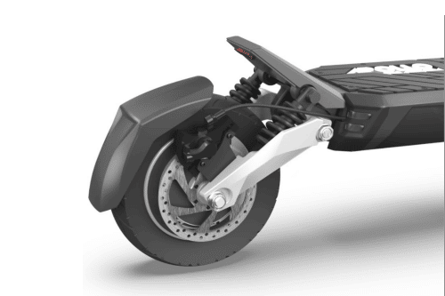 Apollo Phantom electric scooter - rear tire, fender, disc brake, rear fork, fin, close-up