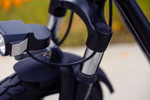 EMOVE RoadRunner electric scooter - front suspension, close-up