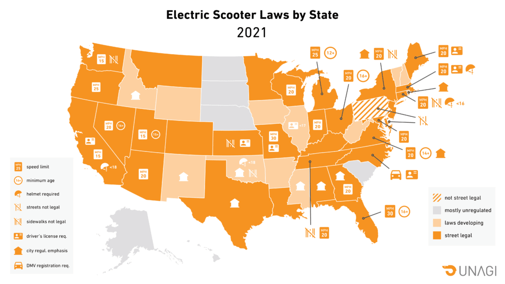 Graphic of electric scooter laws on United States map