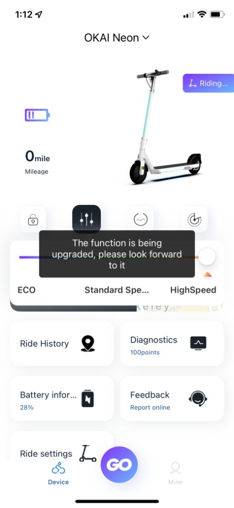 Screenshot of Okai scooter app